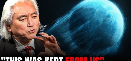 Michio Kaku speaking about cosmic phenomena with a blue planet in the background, highlighting secrets of the universe.