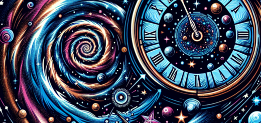 A vibrant illustration featuring a galaxy swirl and a clock, symbolizing the concept of time in the universe with stars and planets.